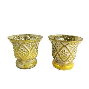 Pair of Yellow-Gold Mercury Glass Votive Candle Holders w/ 2 Yankee Tealights